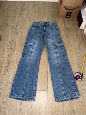 Aeropostale Utility Cargo Jeans Womens 00 Regular Blue Straight Wide Leg Stretch